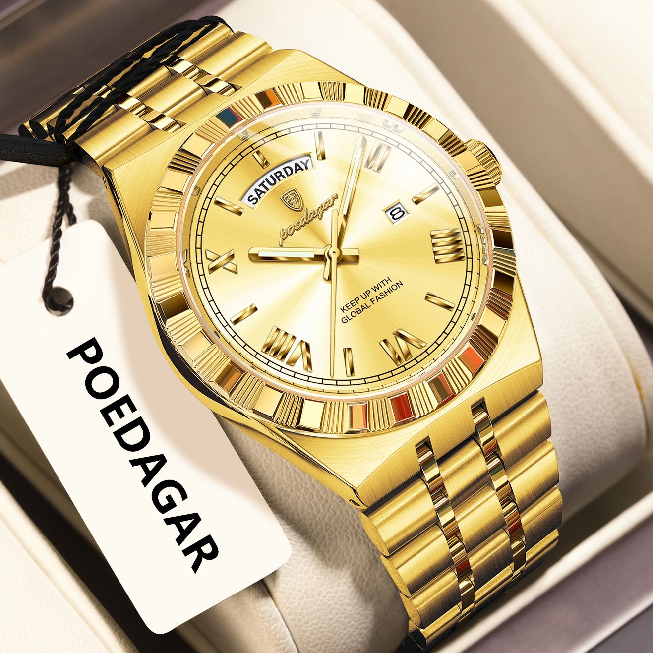 POEDAGAR Luxury Business Man Watch Week Date Waterproof Luminous Watches For Men Stainless Steel Quartz Fashion Men's Wristwatch