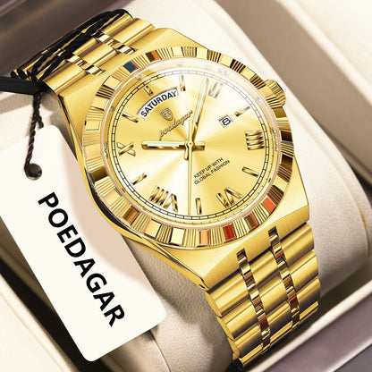 POEDAGAR Luxury Business Man Watch Week Date Waterproof Luminous Watches For Men Stainless Steel Quartz Fashion Men's Wristwatch