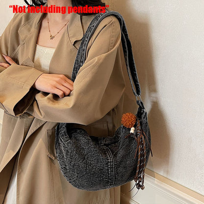 Autumn and Winter Trendy and Cool Fashion Denim Dumpling Bag New Zipper Versatile Single Shoulder Crossbody Bag