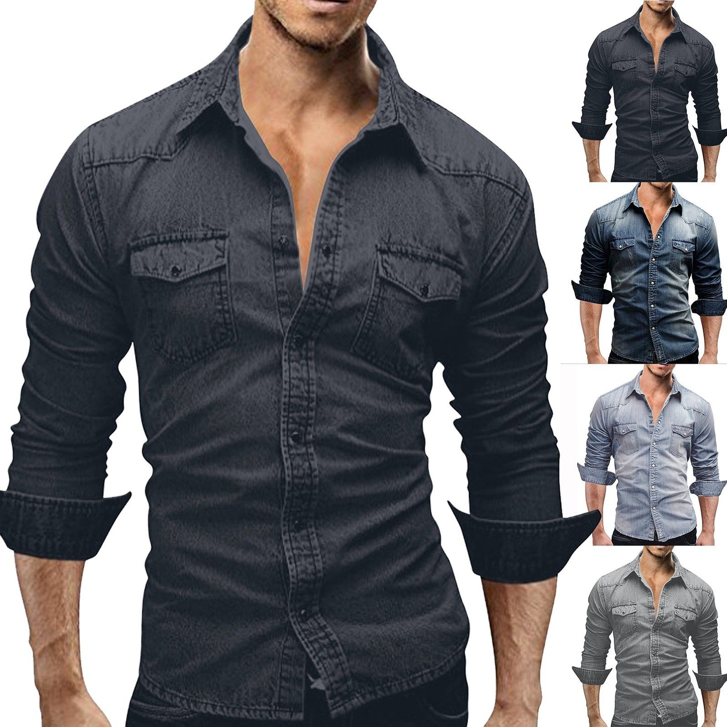 Men'S Autumn Fashion Clothing Casual Fashion Long Sleeve Lapel Shirts Solid Color Denim Washed Shirt Men'S Tops