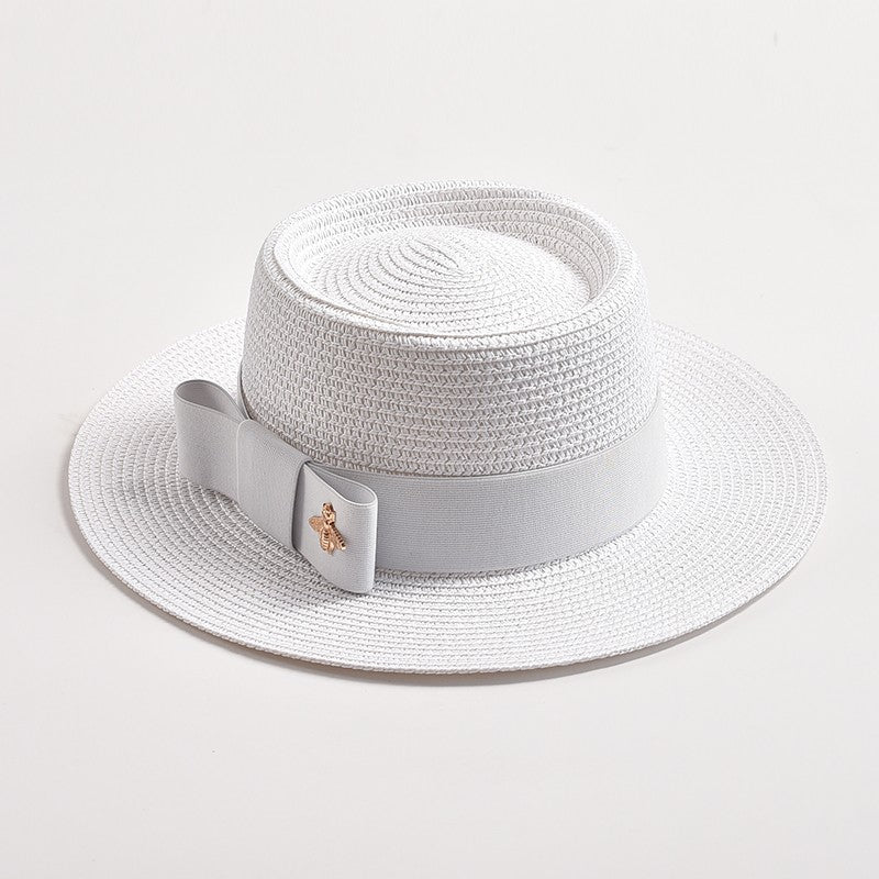 Novos Chapéus de Palha Primavera Verão Femininos de Superfície Ondulada, Topo Reto, Laço, Boné de Vestido, Chapéu de Sol para Viagem e Praia, Gorra