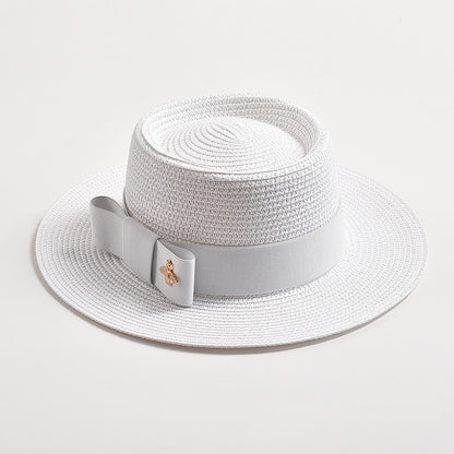 Novos Chapéus de Palha Primavera Verão Femininos de Superfície Ondulada, Topo Reto, Laço, Boné de Vestido, Chapéu de Sol para Viagem e Praia, Gorra