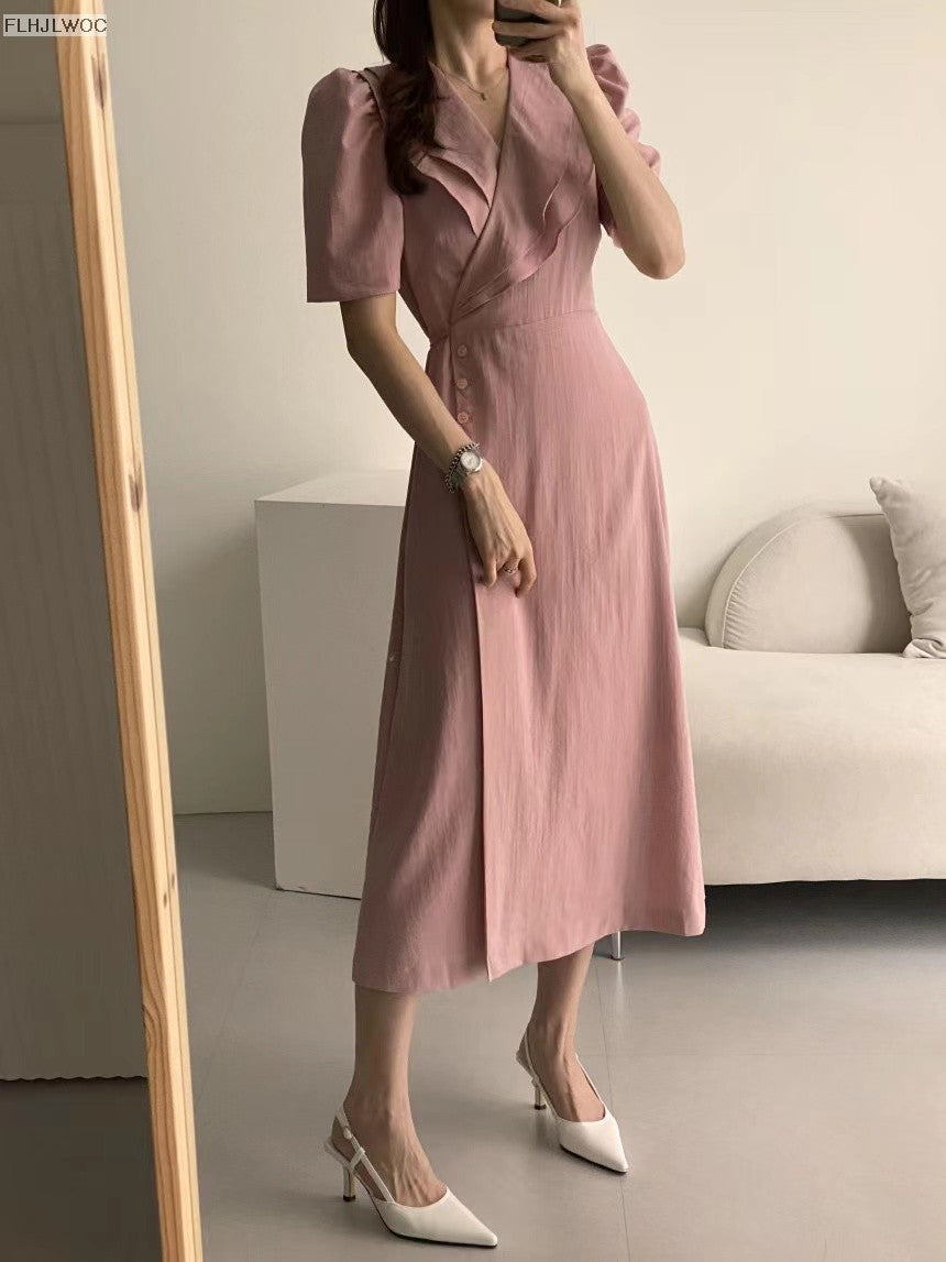 South Korea Chic Midi Dress Women Summer Japan Style Retro Vintage Design Ruffle
