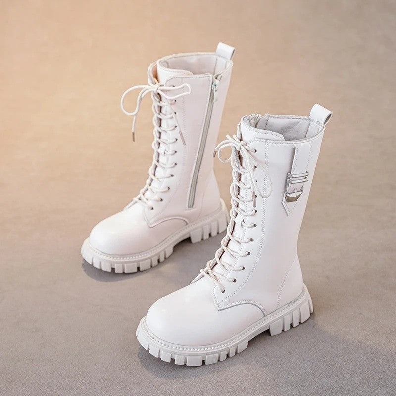 Elegant Zipper Baby Girl Casual Fashion Boots Autumn/winter Round Toe Warm Thick Sole Lace Comfortable Children's Midsole Boots