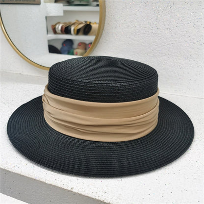 New Fedoras Summer Women's Boater Beach Hat Wide Side Female Casual Panama Hat Lady Classic Flat Bowknot Straw Sun Hat Women