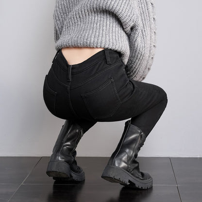 New Women Thermal Jeans Winter Snow Warm Plush Stretch Jeans Lady Skinny Thicken Students Denim Pants Fleece Mom Fur Trousers