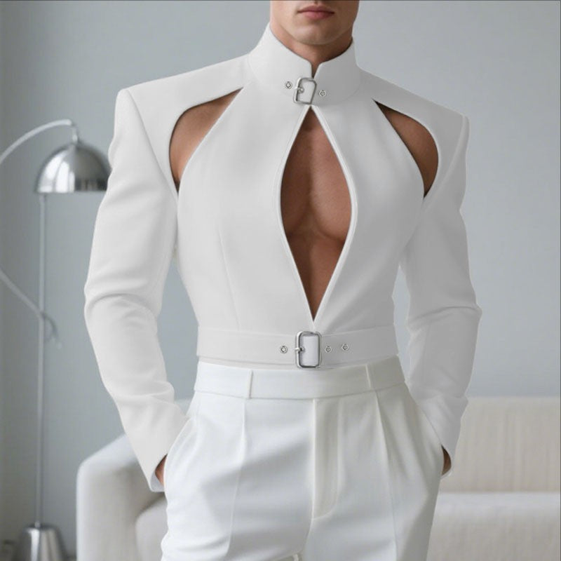 INCERUN Men Blazer Solid Stand Collar Long Sleeve Hollow Out Male Suit Streetwear Personality Fashion Casual Blazer With Belt