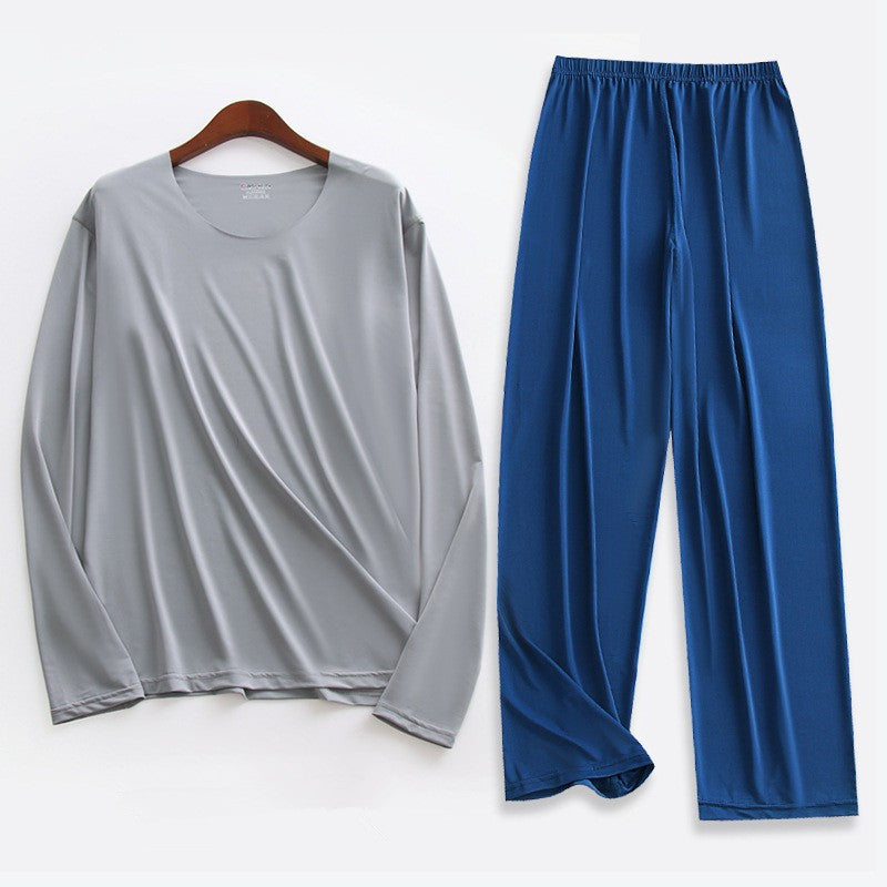Plus Size 5XL Men Ice Silk Pajama Set Solid Long Sleeve Tops and Pants Sleepwear 2pcs Sets Soft Comfy Lounge Home Nightwear Male