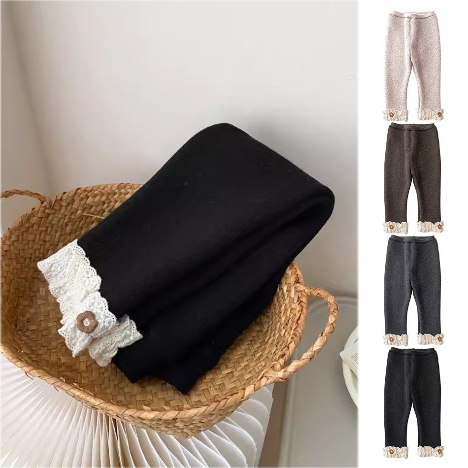 Girls Fleece Lined Leggings Children Fashion Lace Trim Slim Fit Thermal Pants Kids Winter Warm Outwear Casual Clothes
