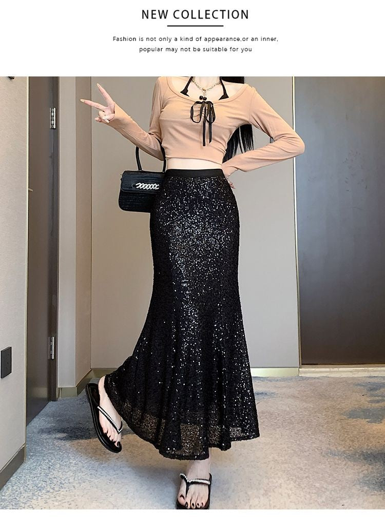 Elegant Sequined Long Black Skirts Women High Waist Party Club Faldas Largas Korean Fashion Y2k Clothes A Line Mid Length Skirt