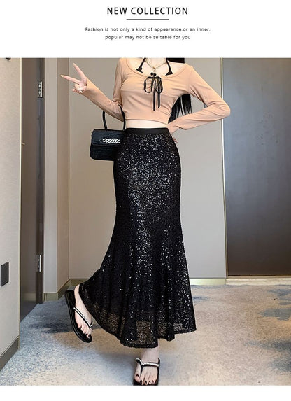 Elegant Sequined Long Black Skirts Women High Waist Party Club Faldas Largas Korean Fashion Y2k Clothes A Line Mid Length Skirt