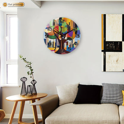 Geometric Abstract Tree Wall Clock, Colorful Cityscape Backdrop, Modern Art Urban Nature Fusion Home Decor