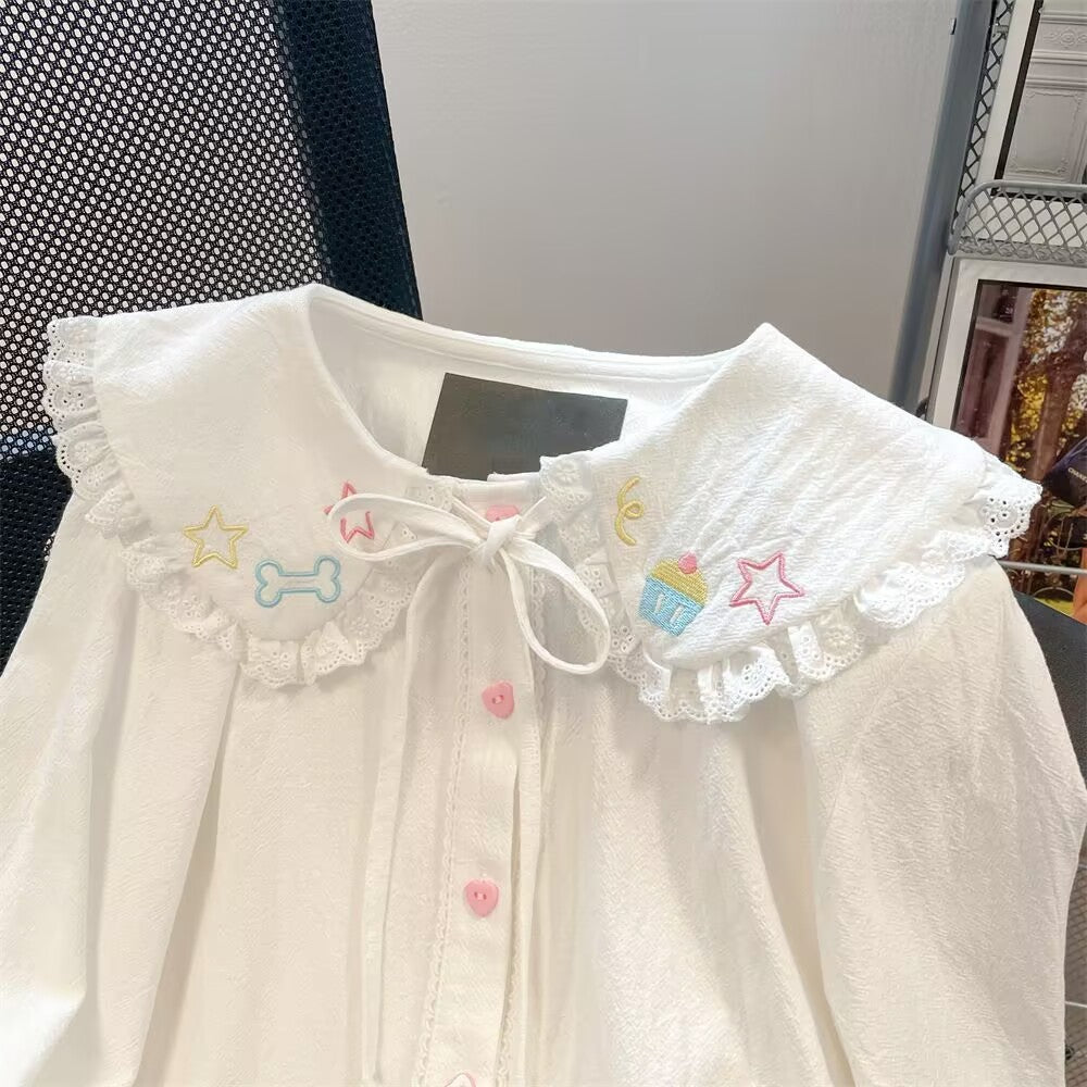 Japanese Kawaii Cute Lolita Blouses Women Vintage Sweet Schoolgirl Lace Peter Pan Collar Shirts Spring Embroidery Y2k Tops Mujer