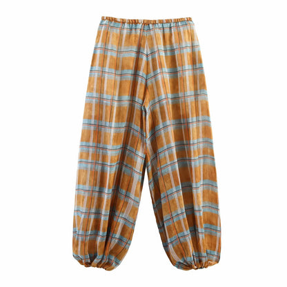 Women's 2025 Autumn Fashion Versatile Ramie Bloomers Plaid Printed Loose Pants Female High-Waist Drawstring Casual Trousers