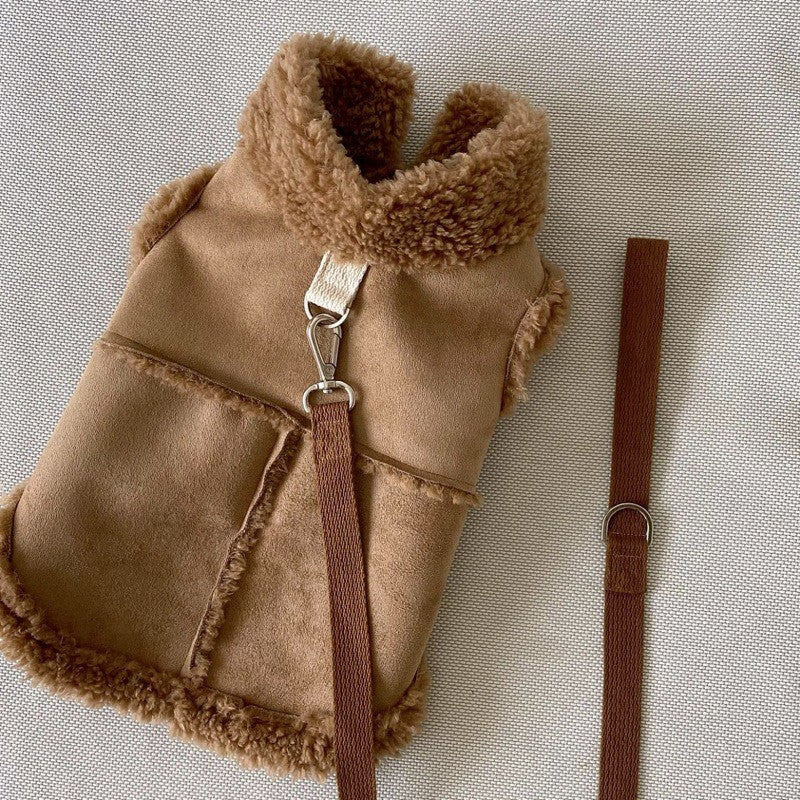 Colete Clássico para Cães de Cor Lisa, Outono/Inverno, de Lã, Quente, para Pets Pequenos e Médios, Jaqueta Colete Quente com Fivela de Tração, Roupas de Veludo