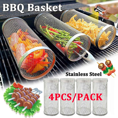 1-4pcs Rolling Grilling Basket Stainless Steel BBQ Grill Basket Mesh Portable Outdoor Camping Barbecue Rack kitchen accessories