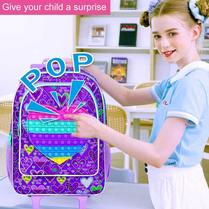 Mochila de Rodinha 3 Peças para Meninas, Mochila com Rodas para Crianças, Mochila Escolar com Rodinhas e Lancheira - Coração Roxo