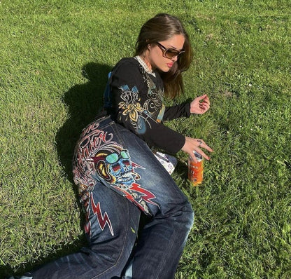 Baggy Wide Leg Y2K 2000s Loose Jeans Embroidered Buddha Casual Denim Pants Harajuku High Waist Straight Jeans Y2k Women Clothing