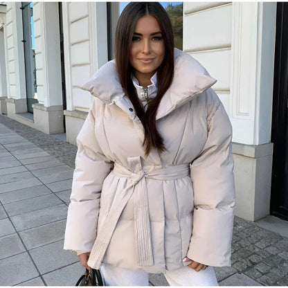 Solid Lapel Lace Up Cotton Coat Women Fashion Long Sleeve Warm Loose Pocket Short Coats Lady New Winter Commute Street Outwears