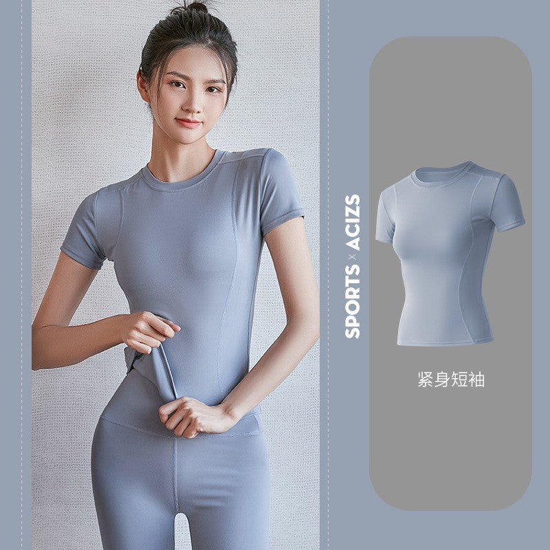 2024 Women's Sports Fitness Clothing Slim Running Sweat Absorbing Skinny Yoga Clothes Quick Drying Clothes Short Sleeved T-shirt