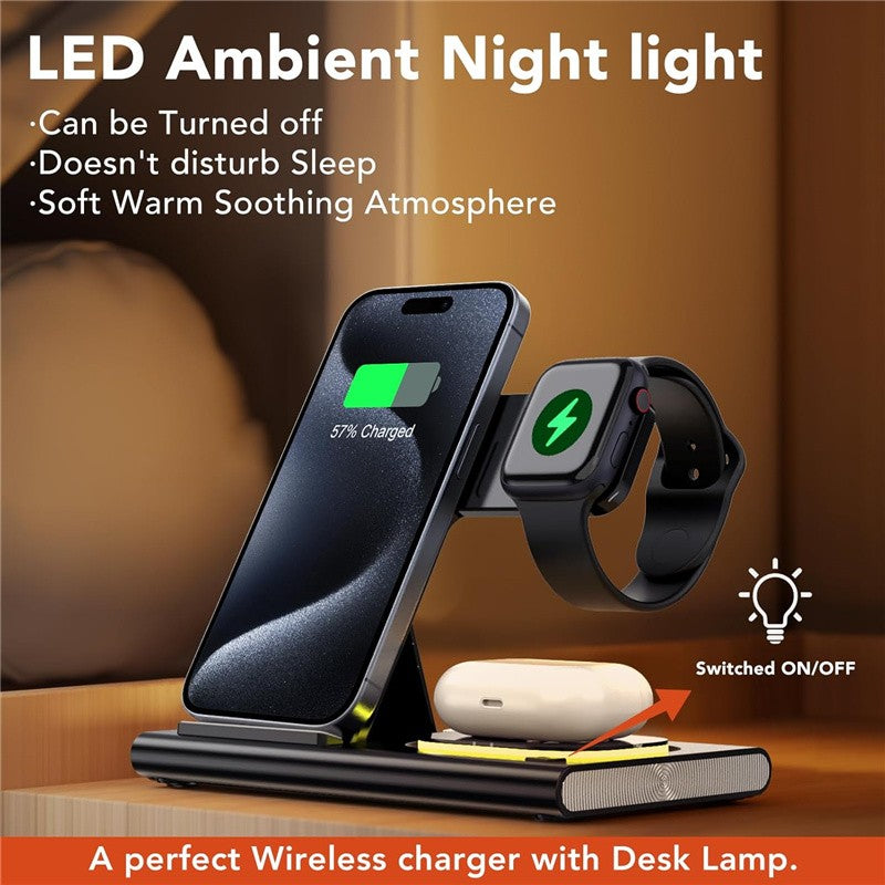 Carregador Sem Fio Dobrável 3 Em 1 De 300W Suporte Pad Estação De Carregamento Rápido De Mesa Para iPhone 16 15 14 13 Samsung Apple Watch Airpods