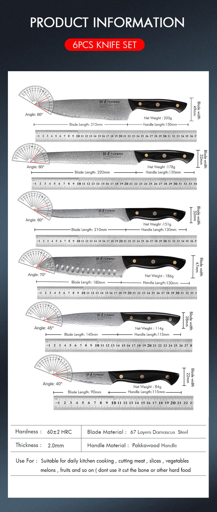 TURWHO 1-6PCS Kitchen Knives Set Japanese 67 Layer Damascus Steel Chef Knife PRO VG10 Santoku Bread Boning Utility Paring Knives