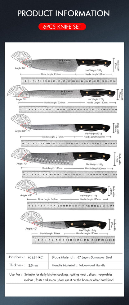 TURWHO 1-6PCS Kitchen Knives Set Japanese 67 Layer Damascus Steel Chef Knife PRO VG10 Santoku Bread Boning Utility Paring Knives