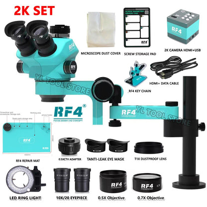 Microscópio Trinocular Estéreo RF4 360° com Braço Articulado para Reparo de Placas PCB de Celulares e Câmera Termográfica 4K C39