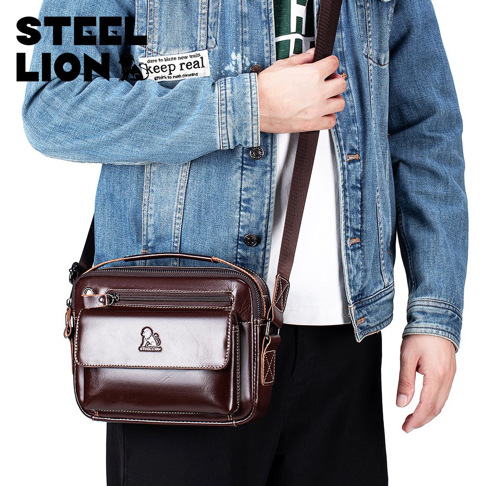 STEEL LION top layer cowhide men's single shoulder diagonal cross bag casual sports horizontal mobile phone bag genuine leather