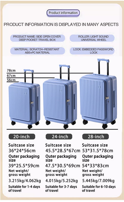 Large Capacity Expandable Suitcase Multi-Function Side Opening Luggage Boarding Case Cup Holder Shock-Absorbing Brake Wheels