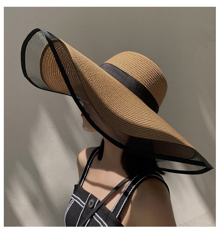 Women Sun Hat Big Eaves Waves Beach Cap Ladies Hat Big Brim Sun Visors UV Cut Bucket Panama Cap Foldable Straw Sunscreen Vintage