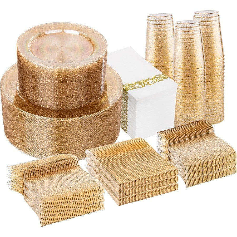700 Pcs Gold Glitter Plastic Dinnerware Sets Disposable Plates for Party Include: 100 Dinner Plate 100 Dessert Plate 100 Paper