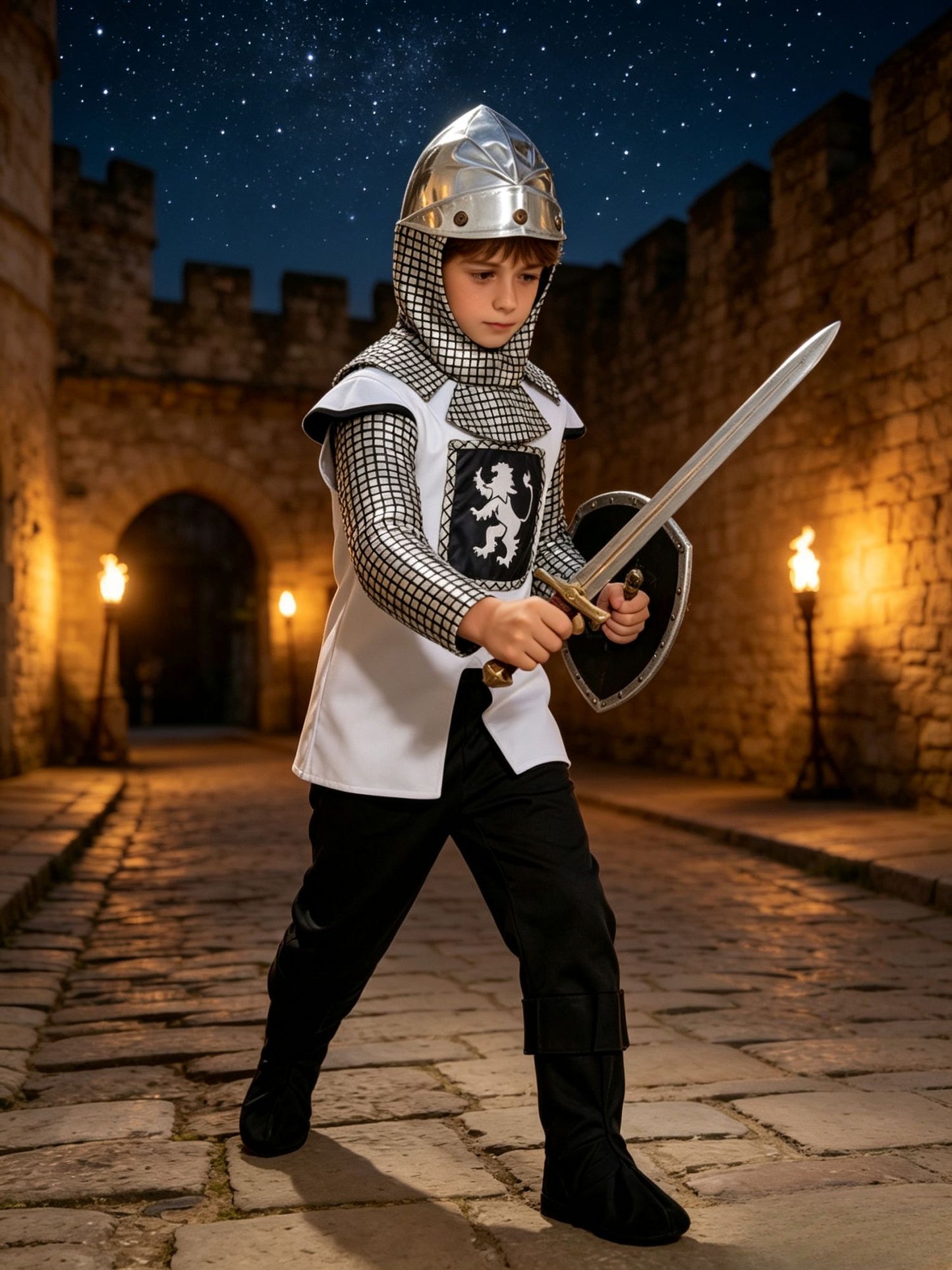 Kids Medieval Knight Costume Set, Boys Fancy Outfit with Helmet for Halloween Theme Party