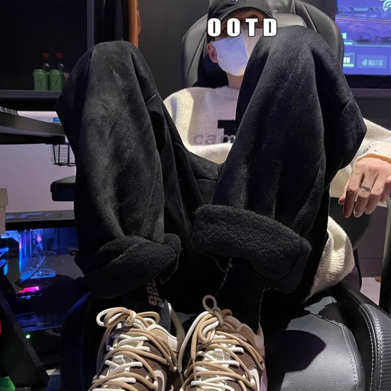 Women's Suede Thickened Straight Leg Pants Korean Style Wide Leg Autumn Winter New Student Fashion Casual Trousers