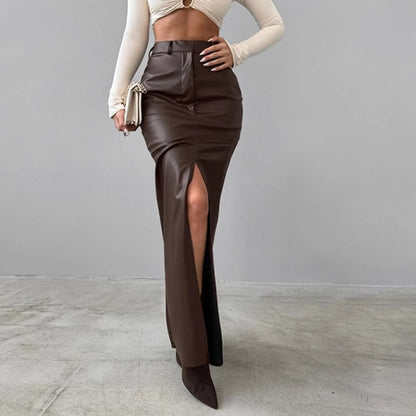 Women's Split Design Solid Color High Waist Pu Leather Skirt 2025 Spring Fall Office Lady Trendy Streetwear Long Skirts