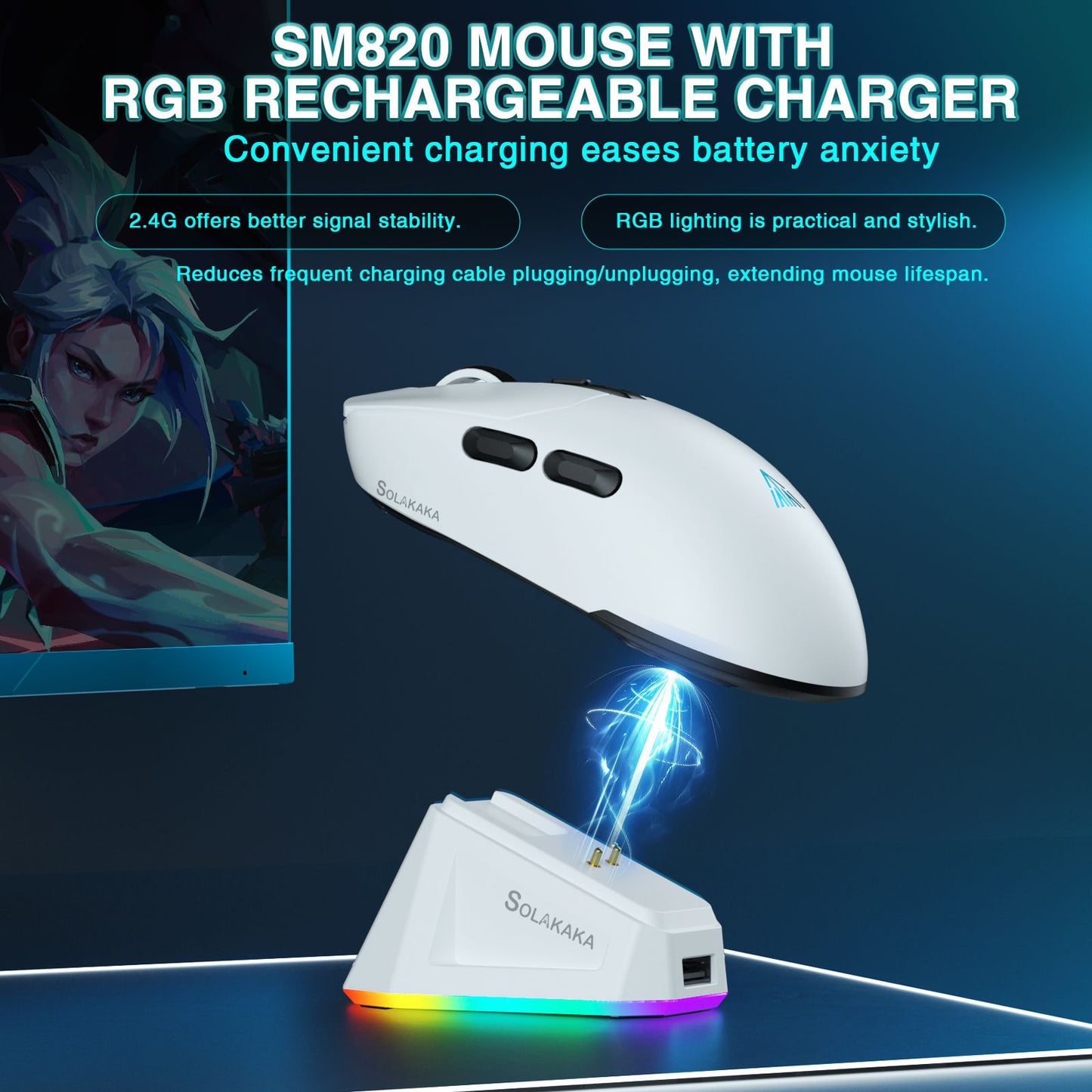 Mouse Gamer Sem Fio Tri-modo SOLAKAKA SM820 com Base Magnética Recarregável RGB PAW3311 24000DPI Macro Leve