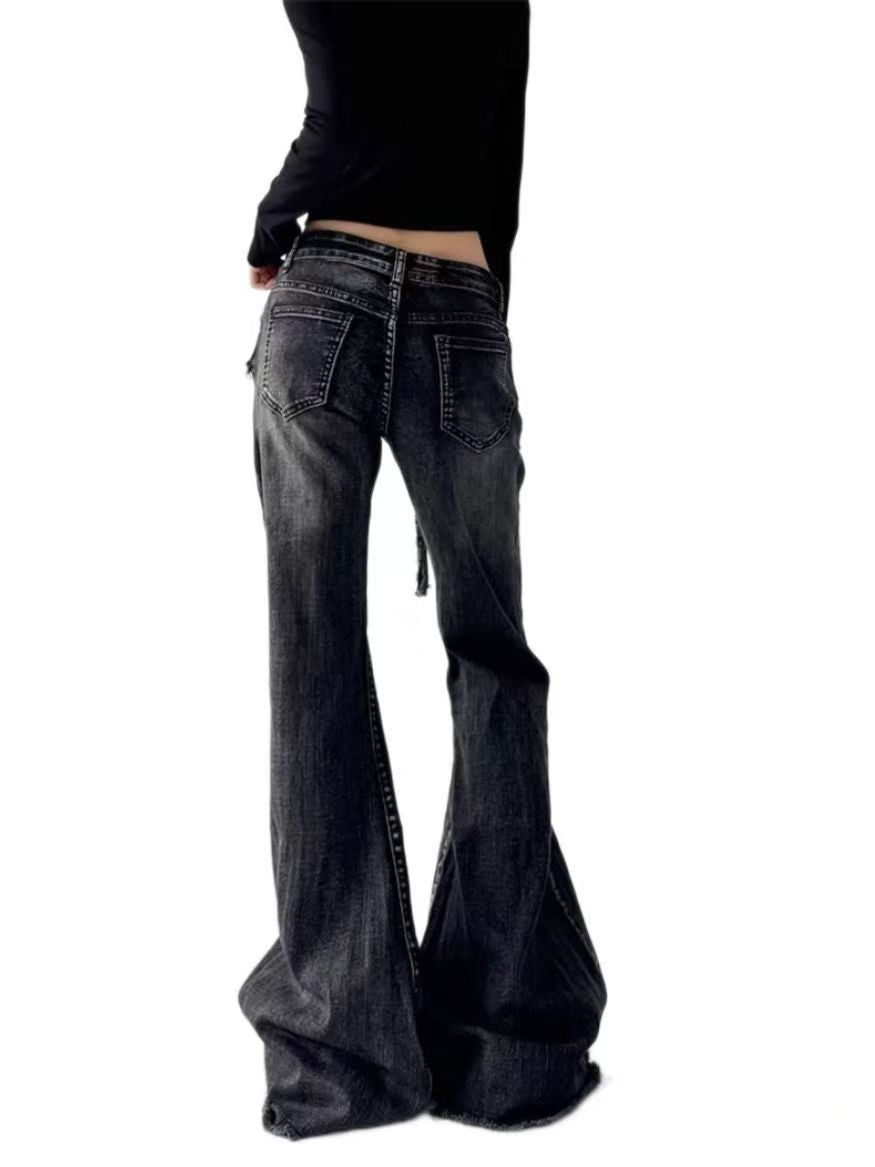 New retro micro-flare women jeans ins fashionable streetwear hot girl style belt bristled design slim straight pants