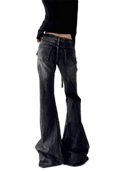 New retro micro-flare women jeans ins fashionable streetwear hot girl style belt bristled design slim straight pants