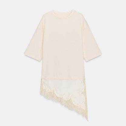 Fashion Lace Patchwork Mid Sleeve Tops for Women Elegant O Neck Loose Female T-shirt Spring New Lady Solid Shirts High Street