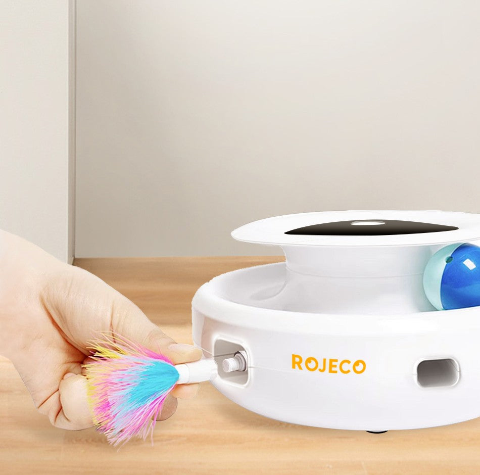 ROJECO Brinquedos Inteligentes para Gatos 2 em 1 Brinquedo Automático de Pena e Bola Divertida para Gatos e Cães, 5 Modos, Acessórios Eletrônicos Interativos para Animais de Estimação