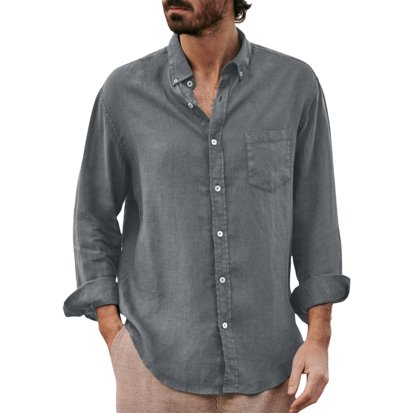 Men's Lapel Collar Shirt, Solid Color Long Sleeve Button-Down Loose Simple Blouse with Chest Pocket