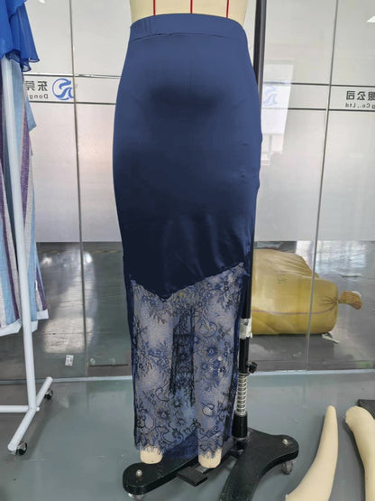 Women Elegant Patchwork Lace Skirts Fashion High Waist Slim Hollow Out Maxi Skirts 2025 Autumn Lady Brown Party Club Skirt