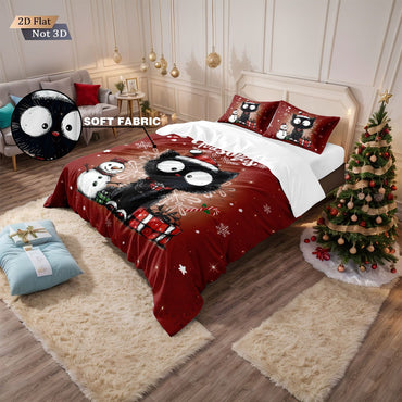 3pcs Christmas Cute Black Cat Print Choreless Bedding Set Multiple Size Bedroom Bedding Holiday Decoration Machine Washable