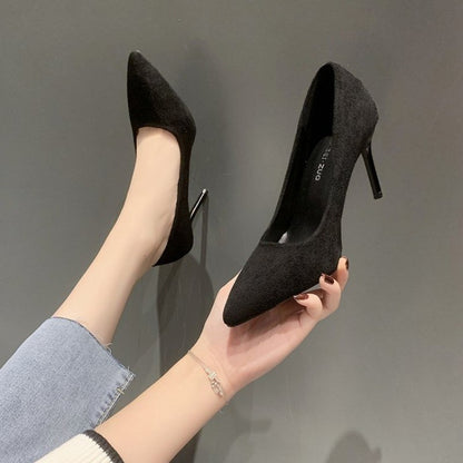 High Heels Women's New Women's Shoes Pointed Shallow Mouth Single Shoes Fine Heel Suede Black Fashion Shoes Women Large Size