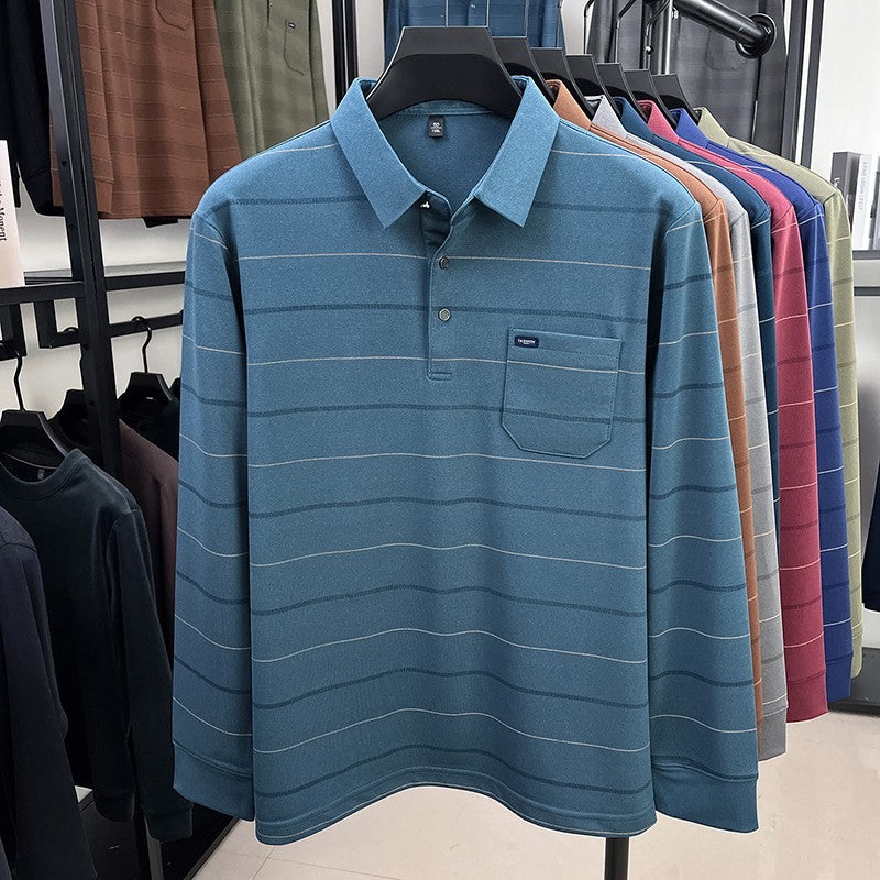 2025 long sleeved men's spring and autumn collar striped pullover top with loose pockets polo shirt