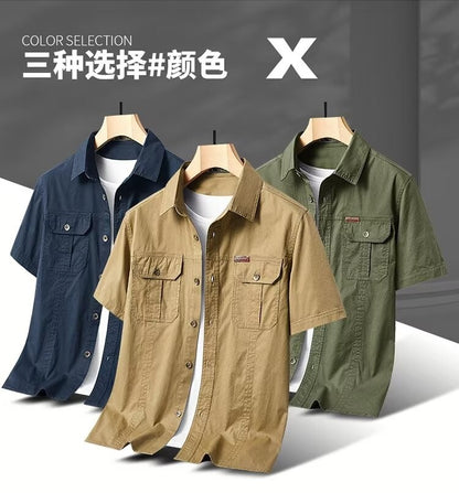 New Summer Men's Short Shirt Korean Casual Oversized Navy Blue Cargo Shirt Classic Retro Men Clothing Outdoor Sports Durable Top