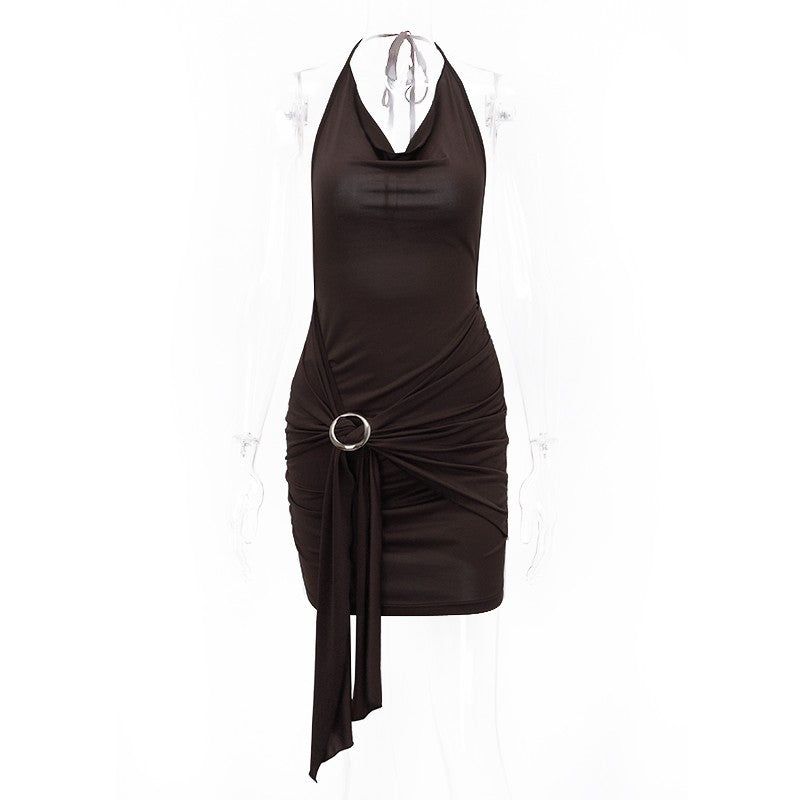 WhereMery Vintage Brown Low-cut Backless Mini Dress Y2K Women Bandage Pleated A-
