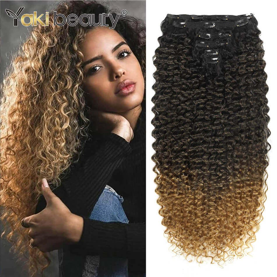 Apliques de Cabelo Cacheado 26'' Trama Dupla 6 Peças/Conjunto Clip-In Cabeça Completa Orgânico Seda Gelo Preto/Marrom 160g