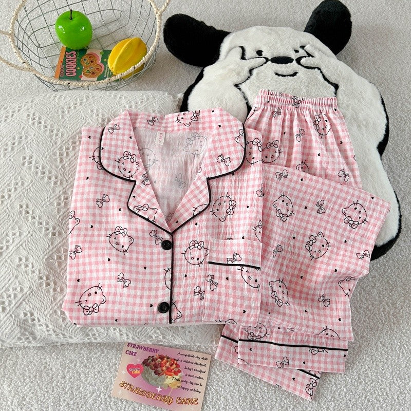 Hello Kitty Cute Kawaii Pajama Set for Women Autumn Soft Fabric Comfort Plaid Loungewear 2 Piece Long Sleeve Top Pants Sleepwear