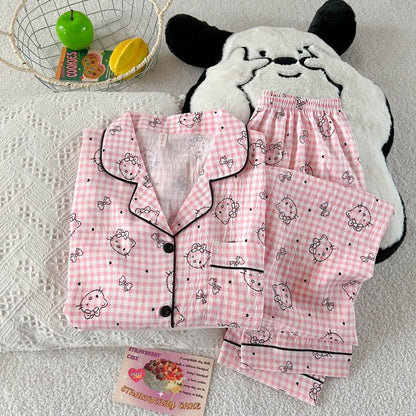 Hello Kitty Cute Kawaii Pajama Set for Women Autumn Soft Fabric Comfort Plaid Loungewear 2 Piece Long Sleeve Top Pants Sleepwear